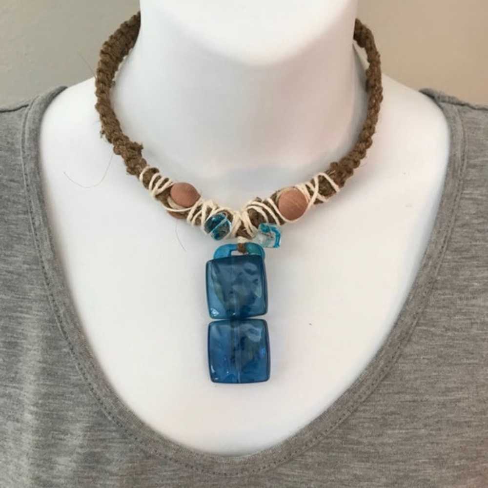 Rustic Blue Key Natural Hemp Hand Woven Necklace